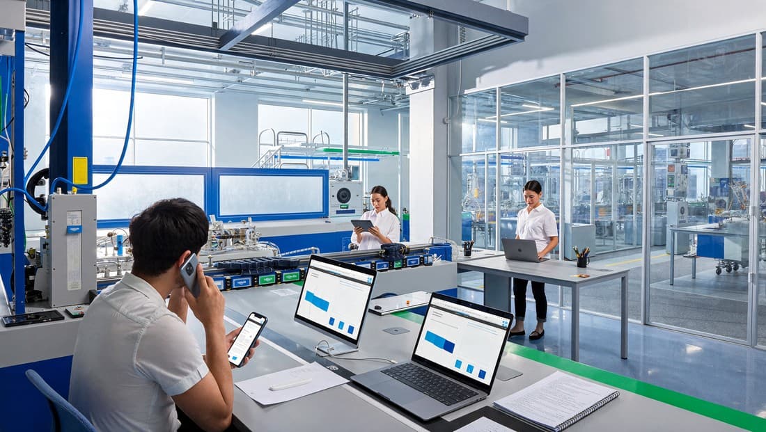 A wide view of a bright production hall — someone at a desk of laptops in the foreground, colleagues working at the line and in a glass-walled clean room beyond.